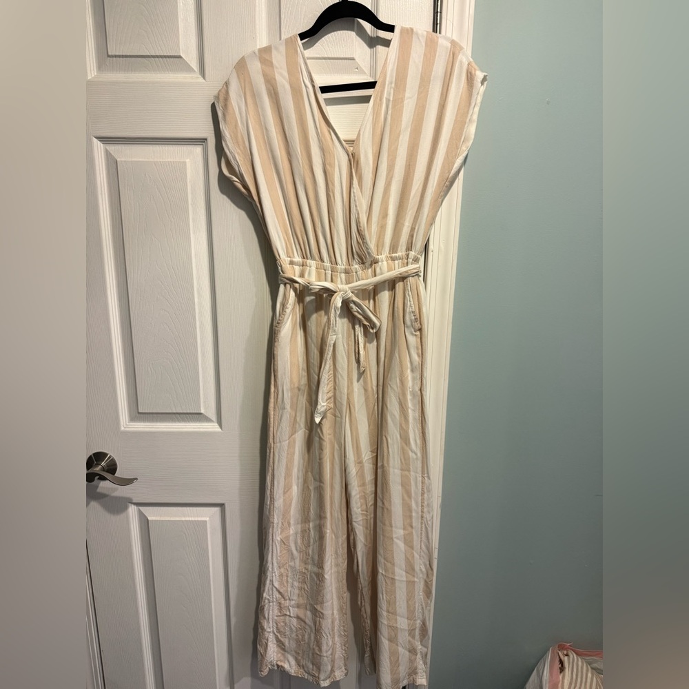 American Eagle Outfitters Beige and White Striped Jumpsuit